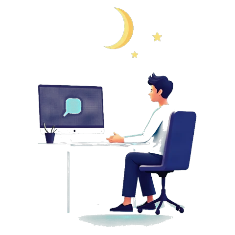 夜のデスクでパソコンに向かい返信するスタッフと、月と星を描いたイラスト