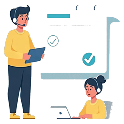 チェックマークの入った証明書の前に立つ、ヘッドセットを着けたスタッフ2名を描いたイラスト
